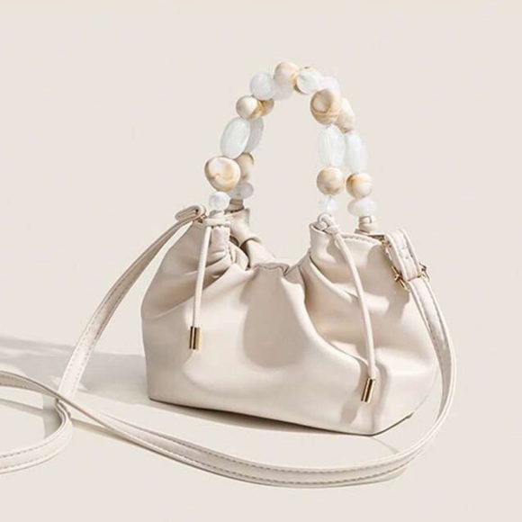 Super Chic leather bucket bag with beaded top handles + crossbody strap | NWT - Picture 1 of 6